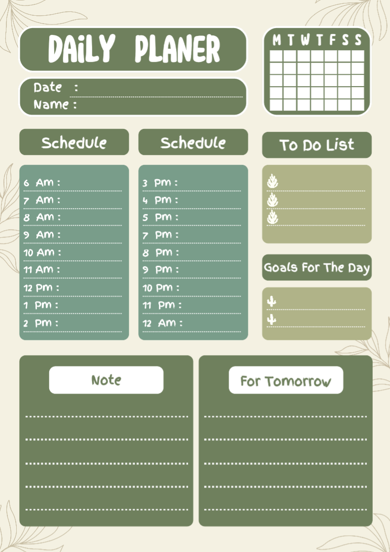 Planificateur et calendrier non marketing, planificateur quotidien minimaliste pastel vert modifiable