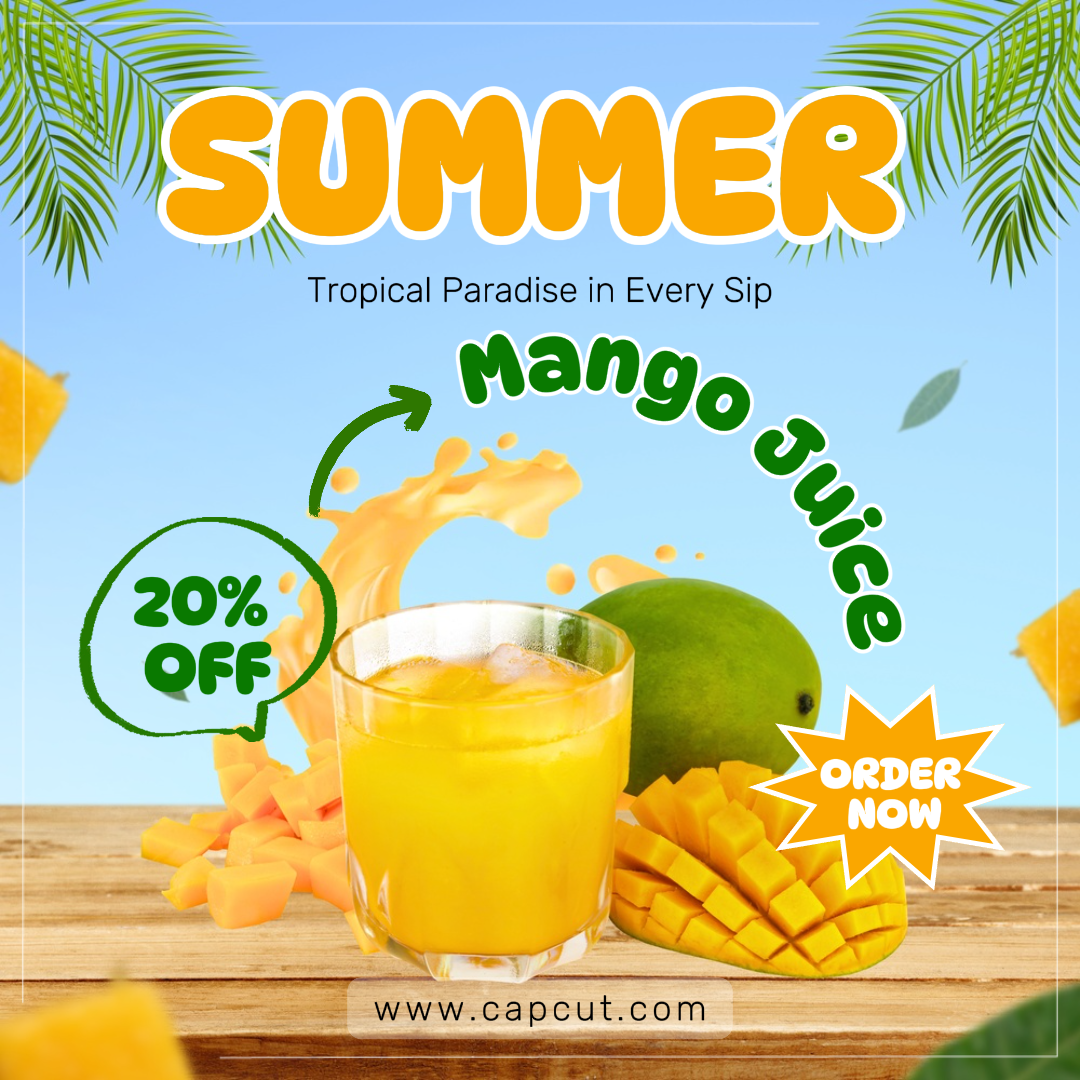 Póster de marketing de venta de verano, publicación de Instagram de jugo de mango