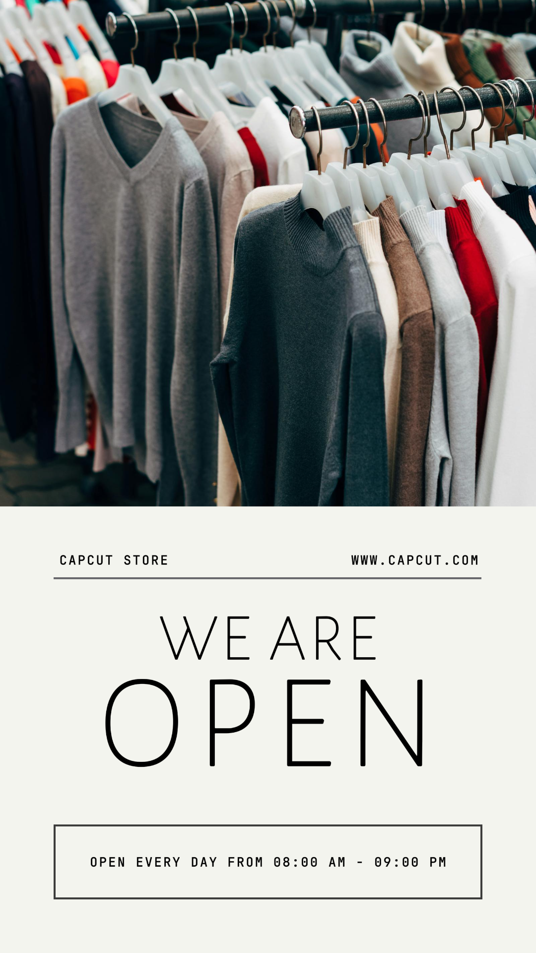 Affiche créative d'affaires et de bureau tiktok nous sommes ouverts magasin beige minimaliste