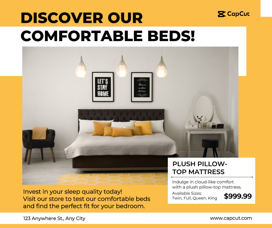 Casa e Móveis Camas Confortáveis Facebook Post Amarelo