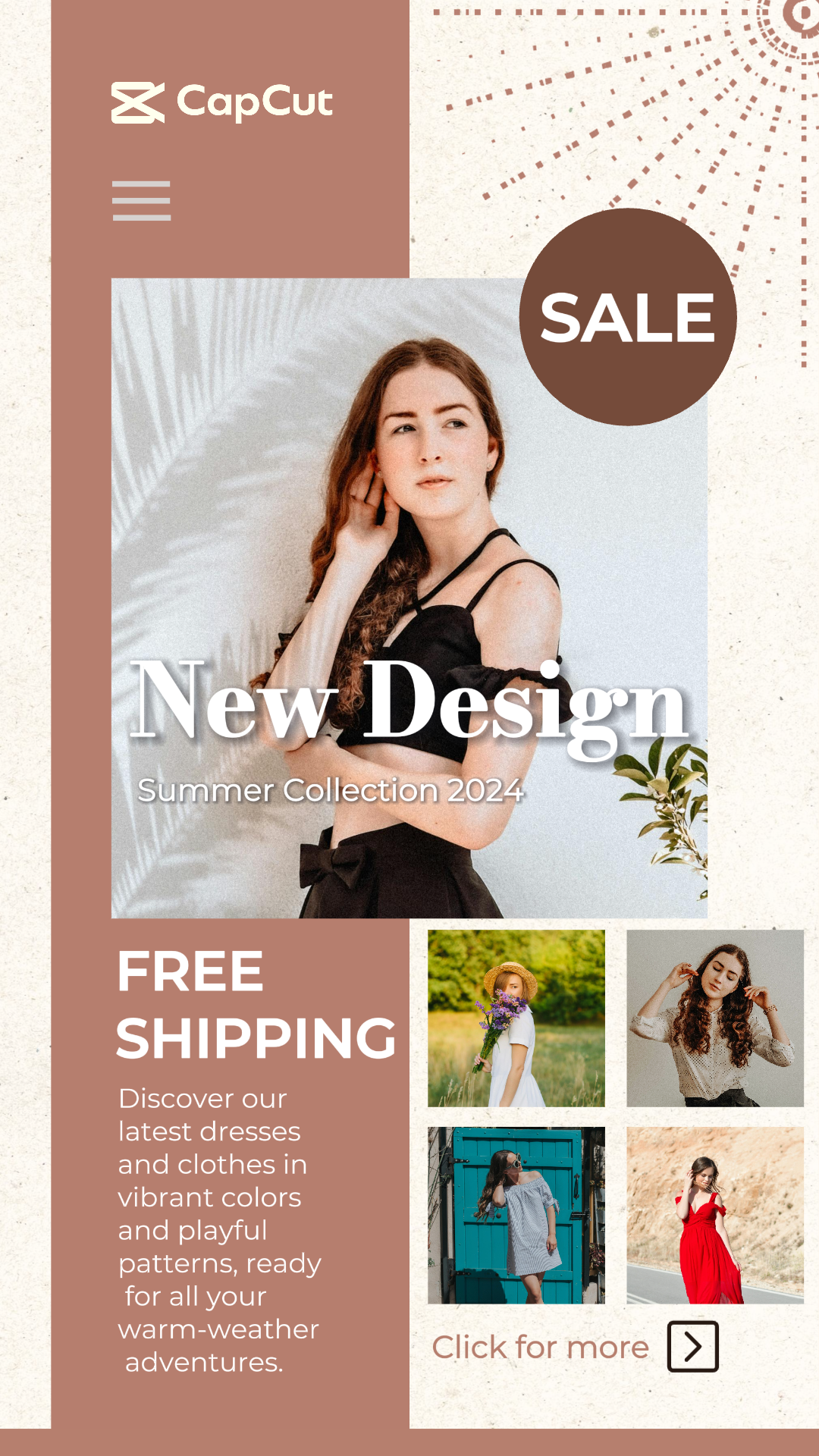 Roupas e sapatos Marketing Poster Promoção / Desconto para roupas de verão Instagram Story Brown