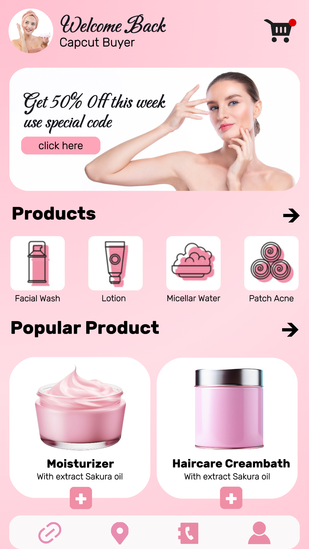 beauty skincare product display pink theme landpage