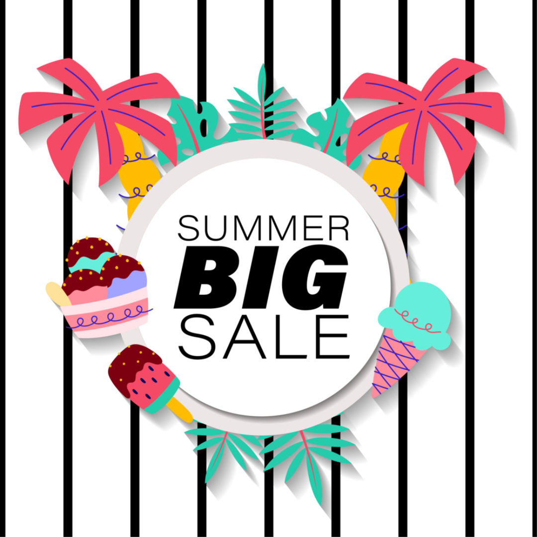 Summer sale Marketing poster for instagram post ice cream and coconut trees with black white