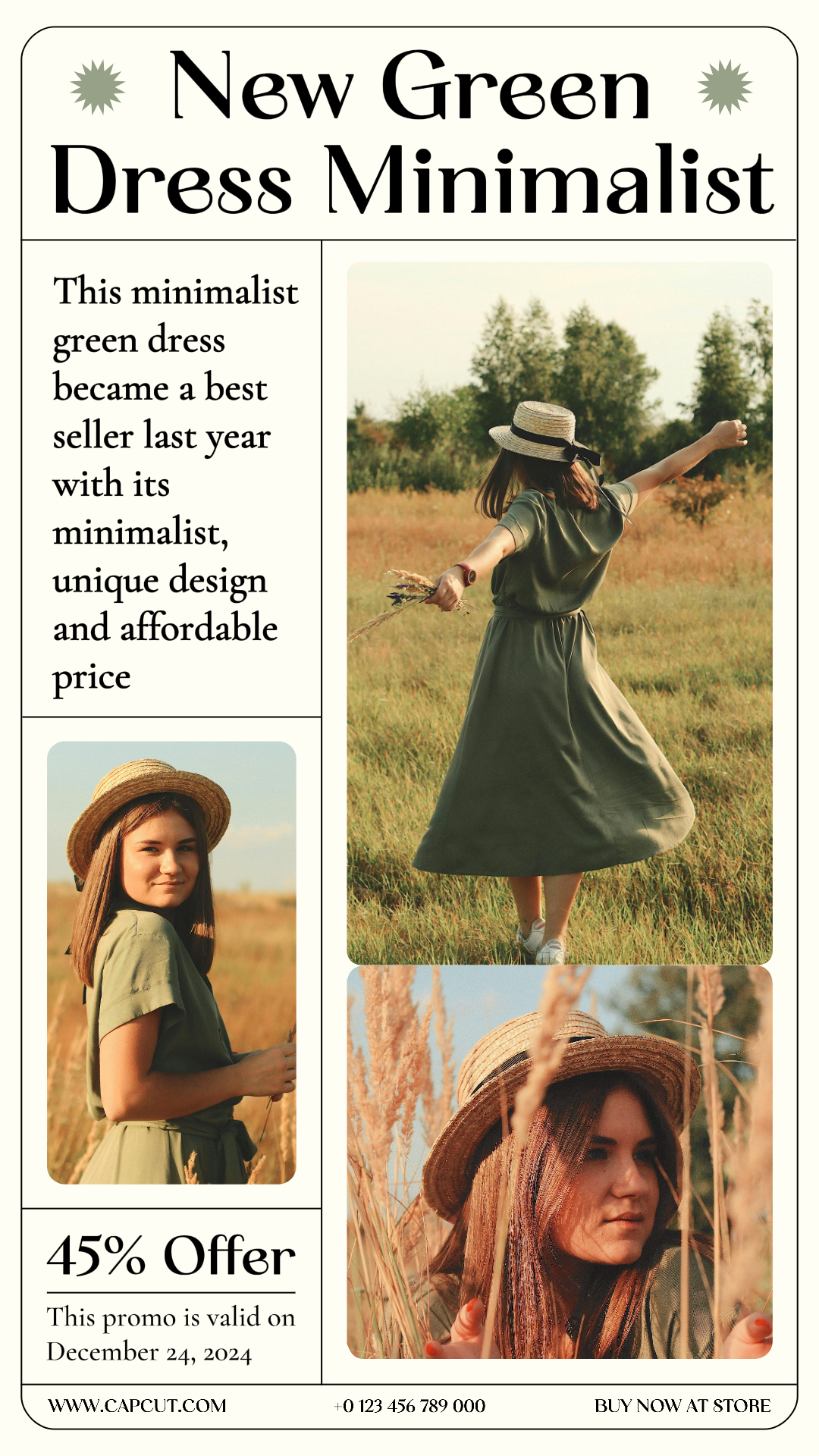 Ropa y zapatos - Cartel de marketing Nuevo vestido verde minimalista Instagram Story Cream minimalista