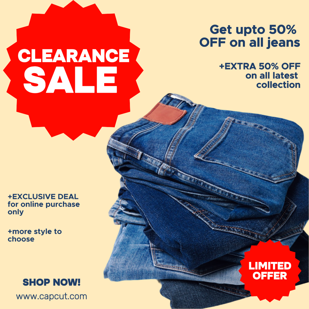 Kleidung und Schuhe Marketing Poster Instagram Post Jeans Ausverkauf Gelb Rot