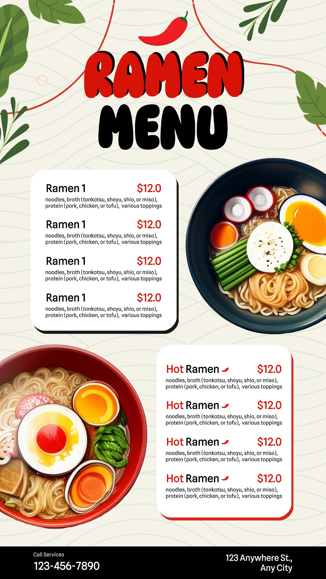 Menu de Ramen de Alimentos e Bebidas