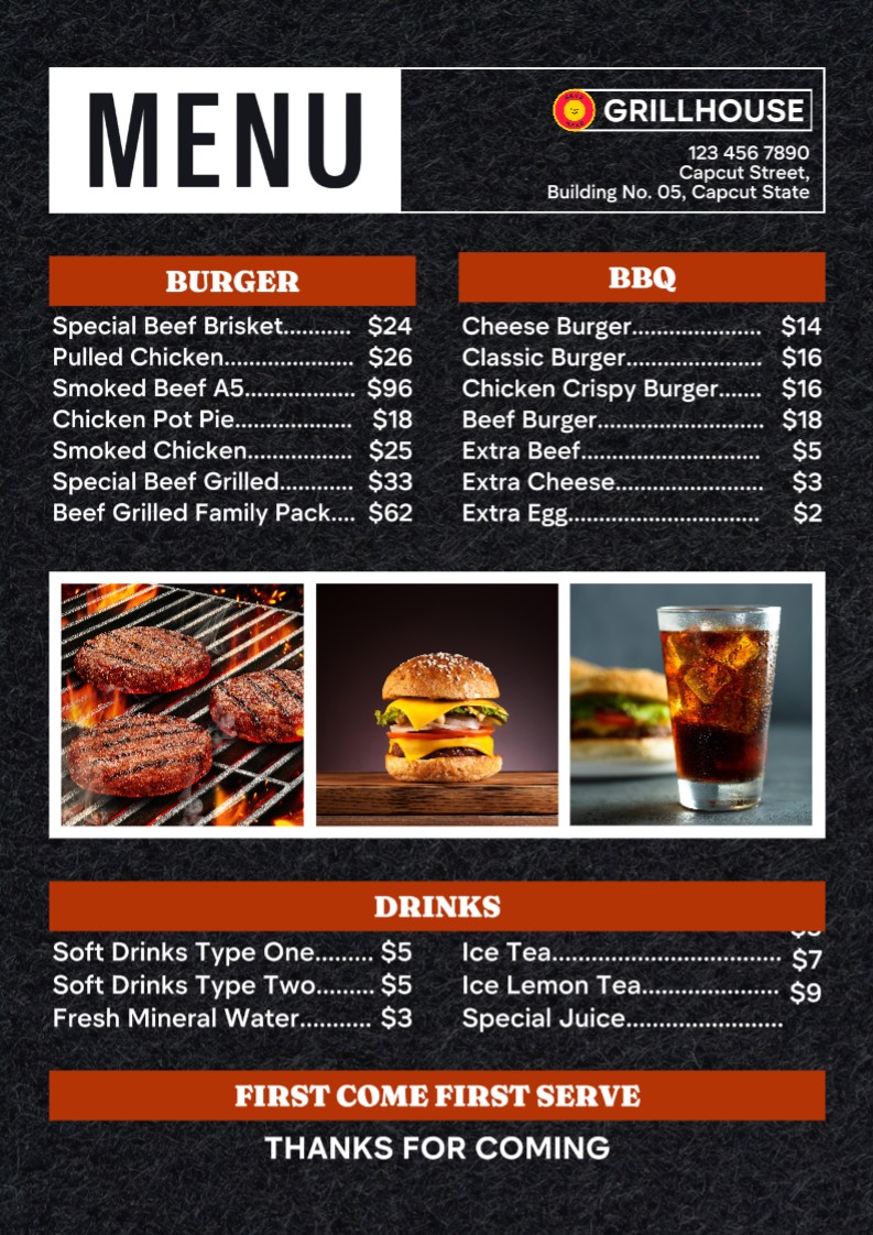 Conception du menu du restaurant BBQ Grill 
