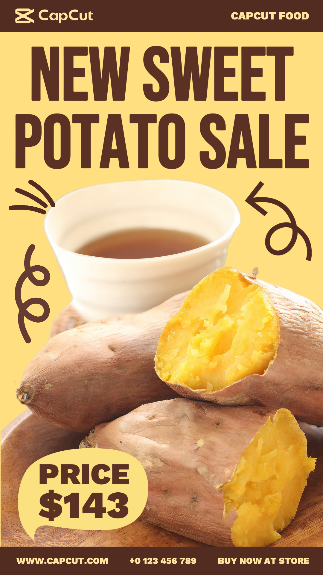 Comida Camote Venta Producto Pantalla Instagram Historia Amarillo Marrón Moderno